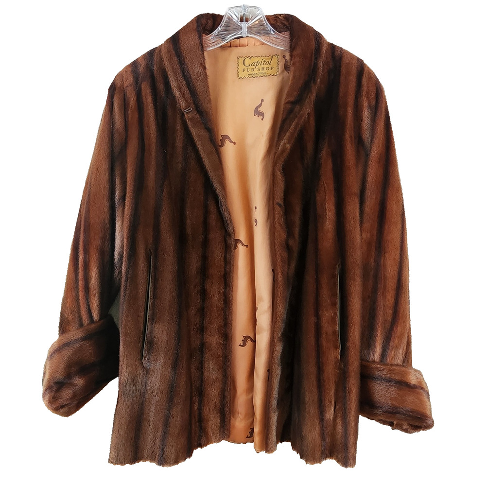 Vintage Capitol Fur Shop Faux Fur Jacket 27" • Brown Plush Coat • Satin Lining
